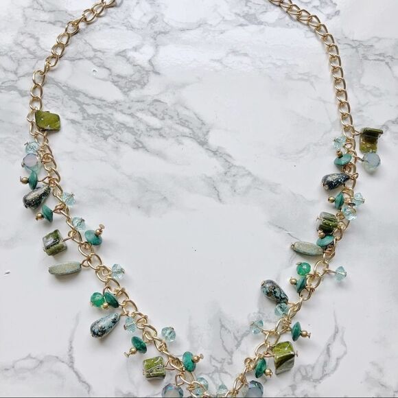 2/$30 Green Blue Gold Translucent Long Gems Stones Emerald Dangle Necklace - Picture 3 of 3